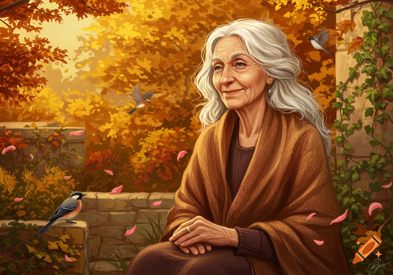An illustrated portrait of an old woman with white hair and a brown shawl, sitting in an autumn garden with birds and falling leaves.