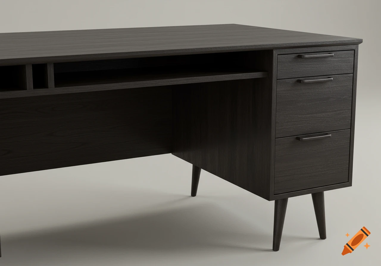 A dark wooden desk with three drawers on the right and an open shelf underneath the tabletop, featuring tapered legs in a photorealistic style.