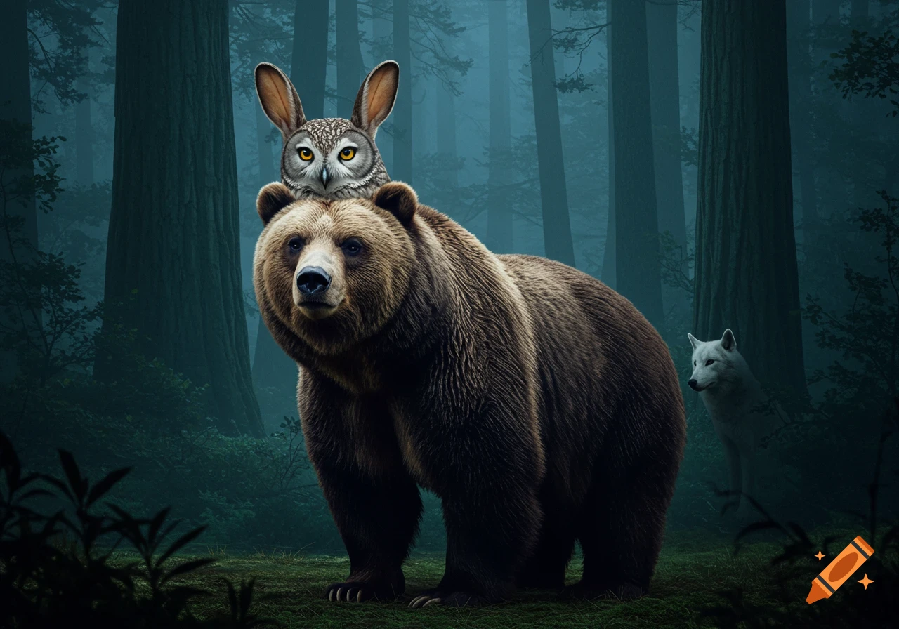 A bear with an owl's head and rabbit ears stands in a dark forest, with a white wolf visible in the background.