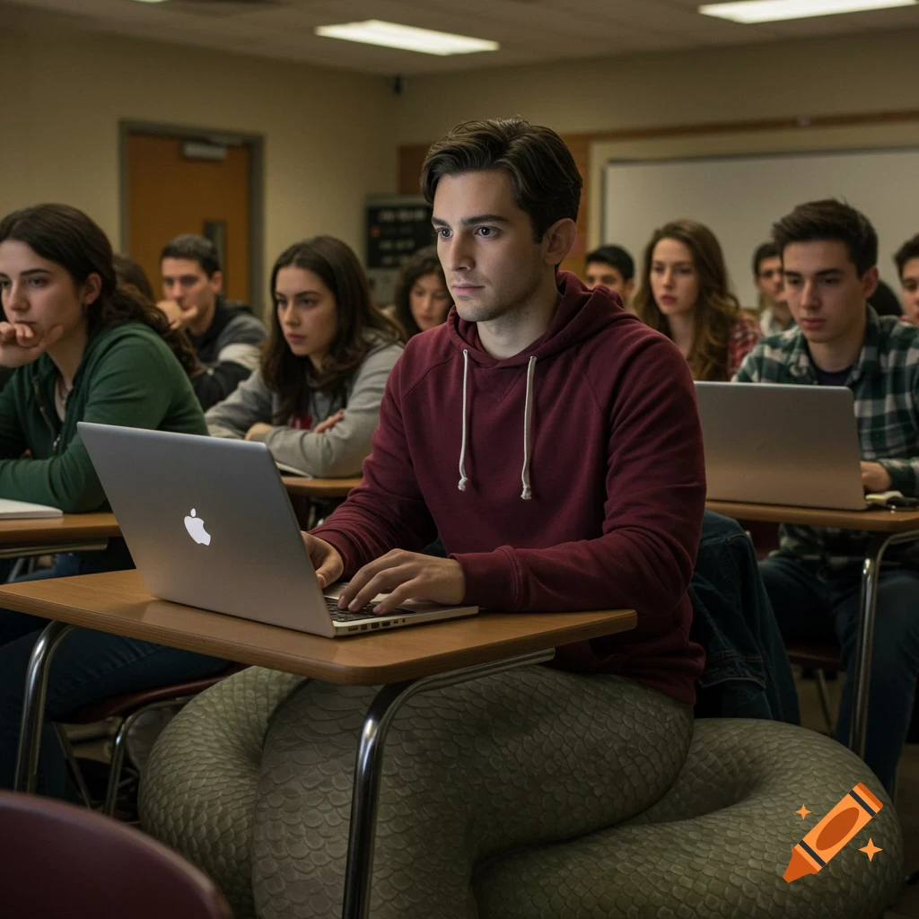 A male half human, half lamia student in a college classroom uses a laptop at his desk, while other students look at him.