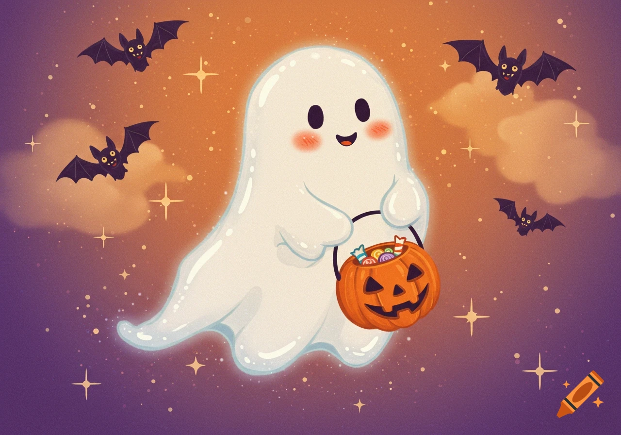 A cute ghost with rosy cheeks holds a pumpkin candy bucket. Smiling bats fly around in a retro orange and purple Halloween sky.