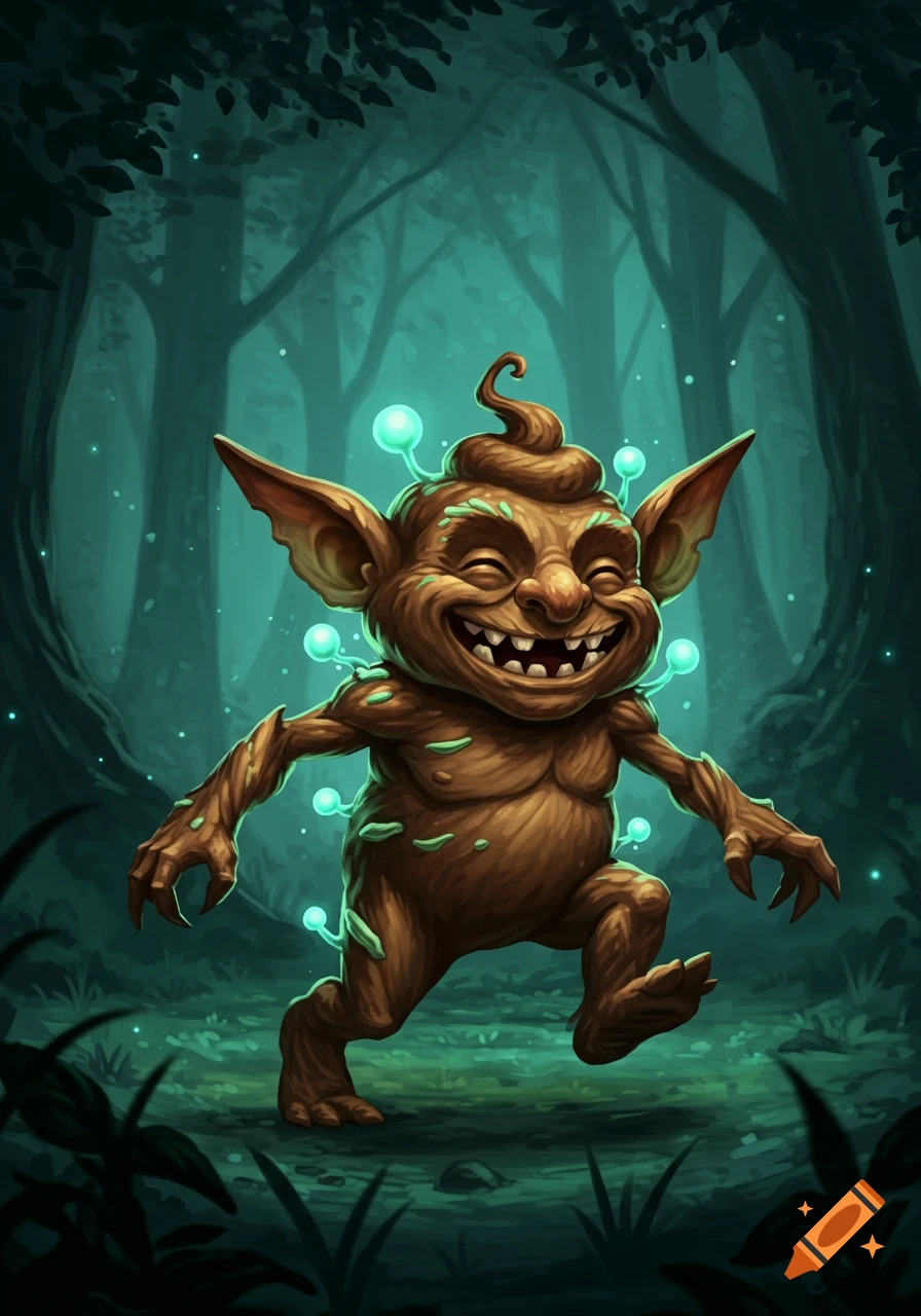 A whimsical brown goblin-like creature with a poop-shaped head and glowing blue mushrooms on its body smiles as it walks through a dark, ethereal forest.