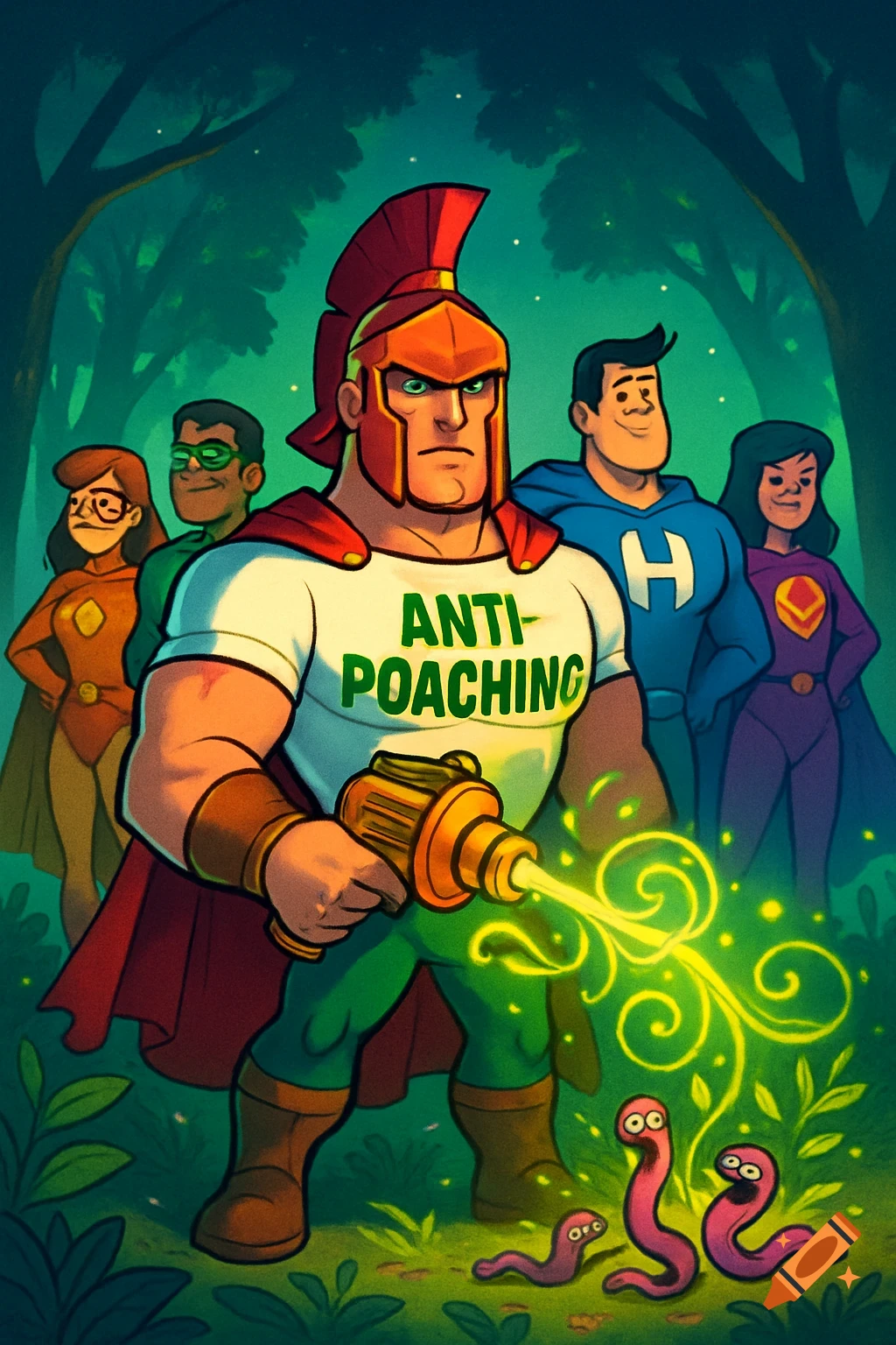 Cartoon superheroes led by a character in a Spartan helmet and 'ANTI-POACHING' shirt, wielding a glowing blaster against worms in a forest.