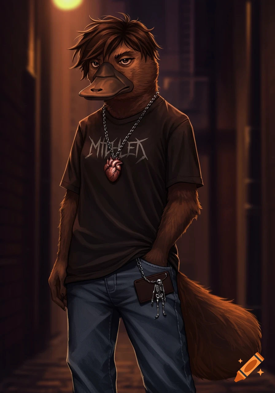 A platypus fursona with brown fur and anime-style hair wears a metal band t-shirt, jeans, and a human heart pendant.