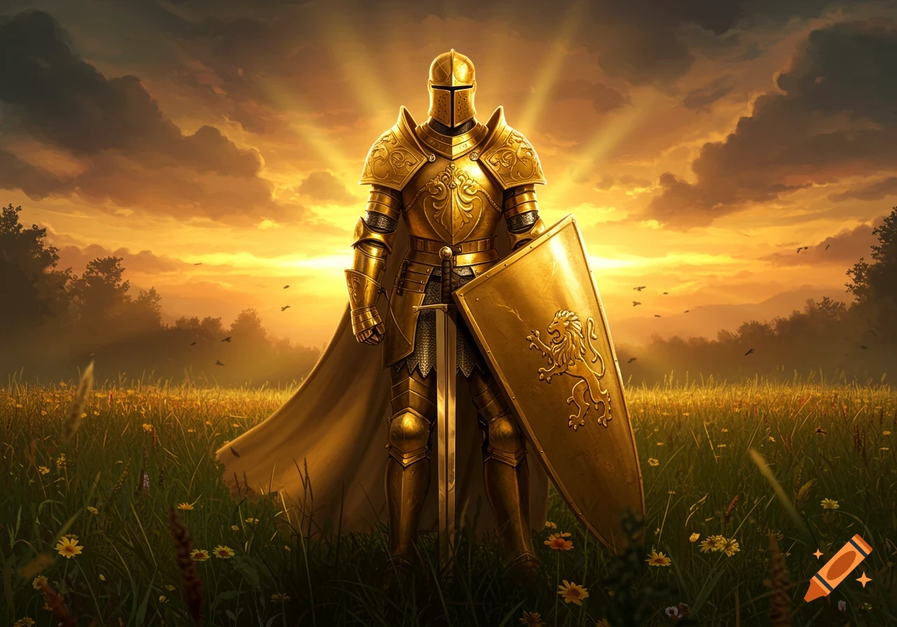 A golden knight in shining armor stands in a sunlit field, holding a lion-crested shield under an epic sunset.