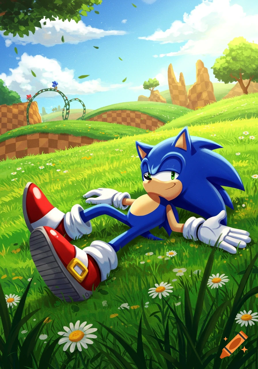 Sonic the Hedgehog relaxing in a sunny, grassy field with Green Hill Zone scenery in the background.