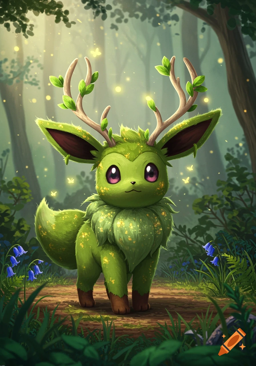 A cute green, fluffy, deer-like creature with leafy antlers stands on a forest path with glowing fireflies.