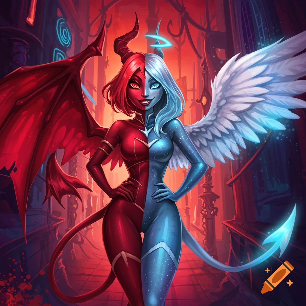 A vibrant, stylized character is split down the middle: half red demon with horns and bat wings, half blue angel with a halo and white wings.