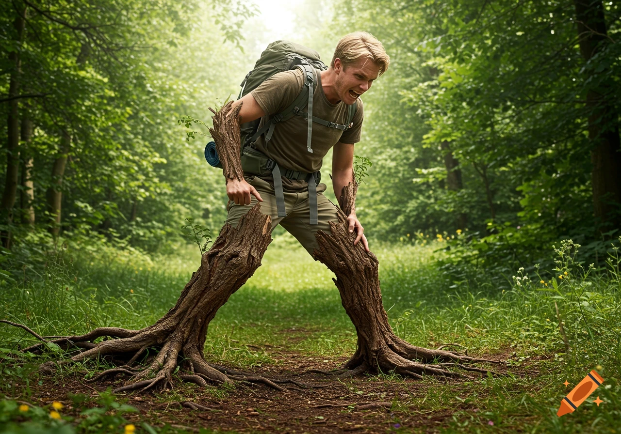 A distressed blond man in hiking clothes on a forest path, his lower arms and legs transformed into tree bark and roots.