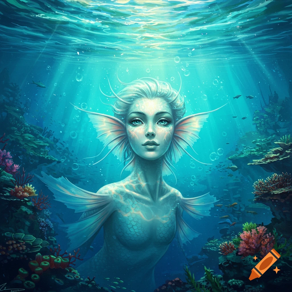 A beautiful ethereal mermaid with white hair and glowing blue eyes swims underwater in a vibrant coral reef, illuminated by sunbeams.