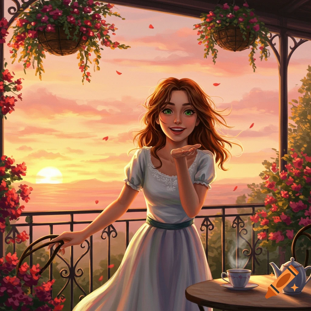 A young woman with long brown hair blows a kiss from a flower-filled balcony at sunset, in a digital art style.