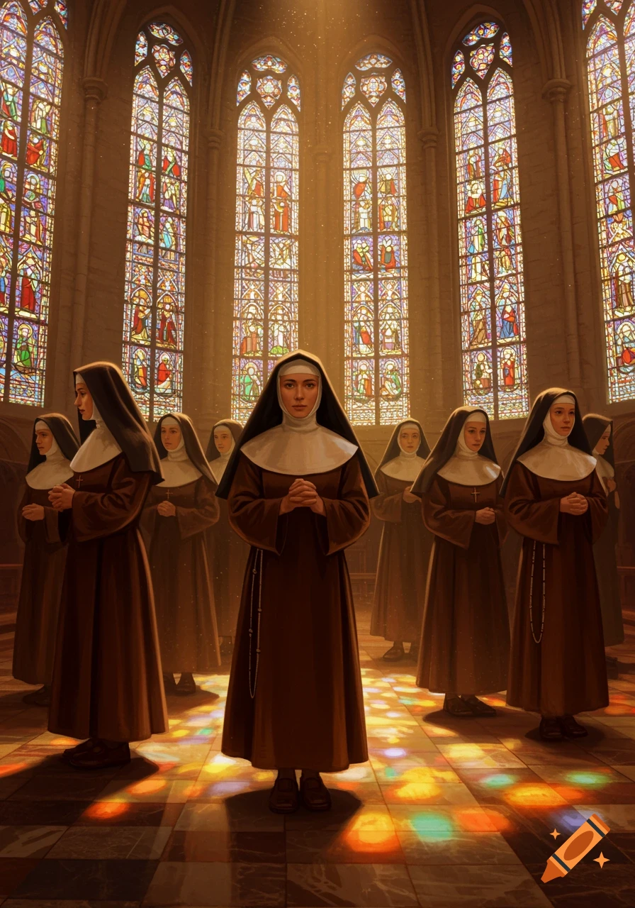 Carmelite nuns stand in a church with light from vibrant stained glass windows illuminating them and the tiled floor.