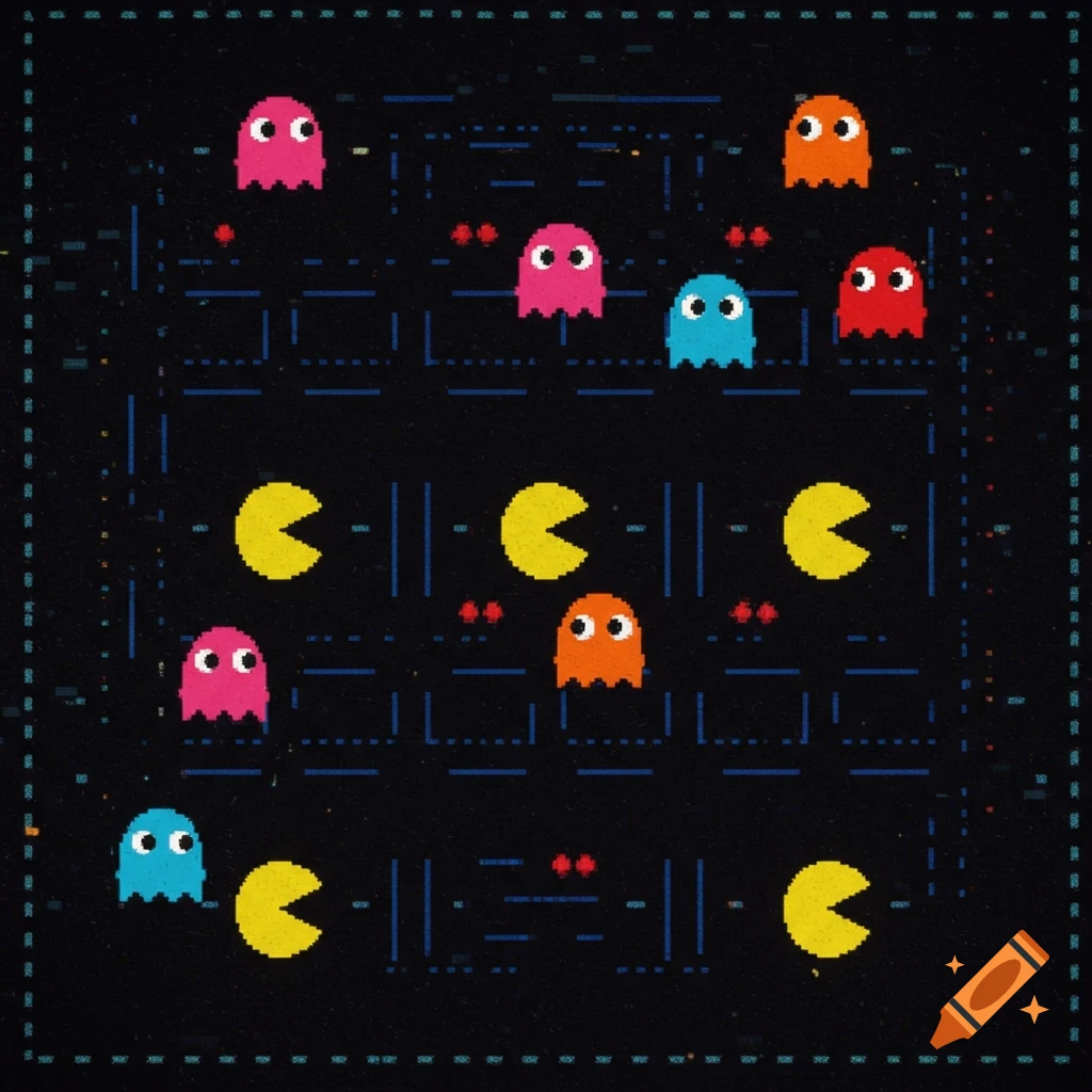 A top-down view of a pixelated Pac-Man maze with multiple Pac-Man characters and colorful ghosts.