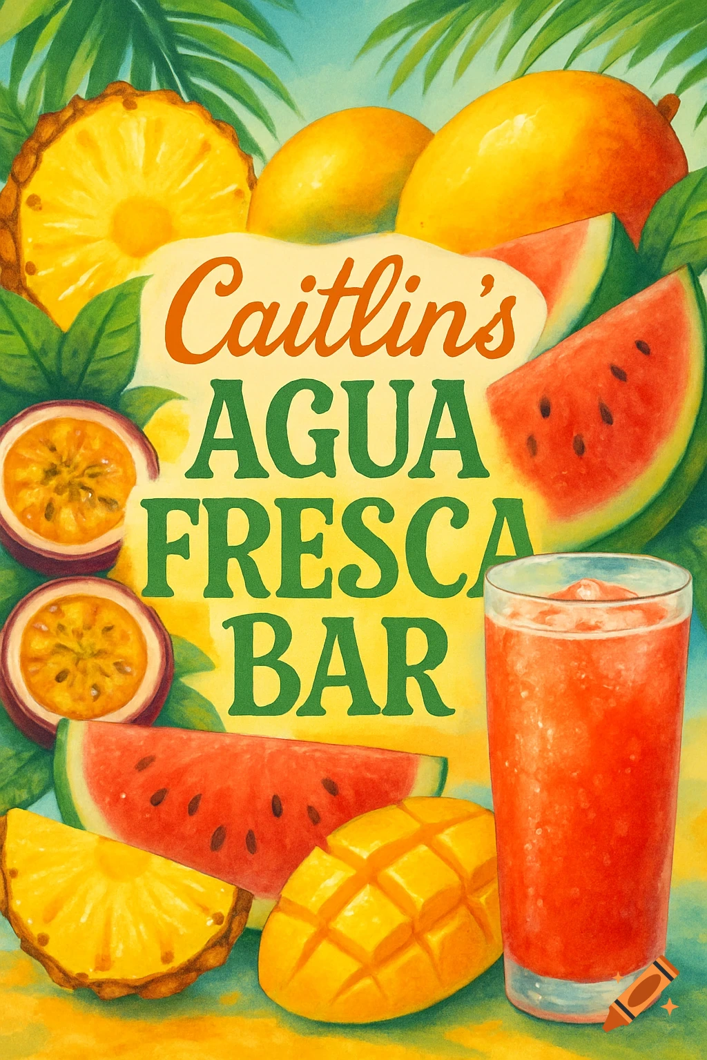 Vibrant illustration of a sign for 'Caitlin's Agua Fresca Bar' surrounded by tropical fruits and a glass of juice.