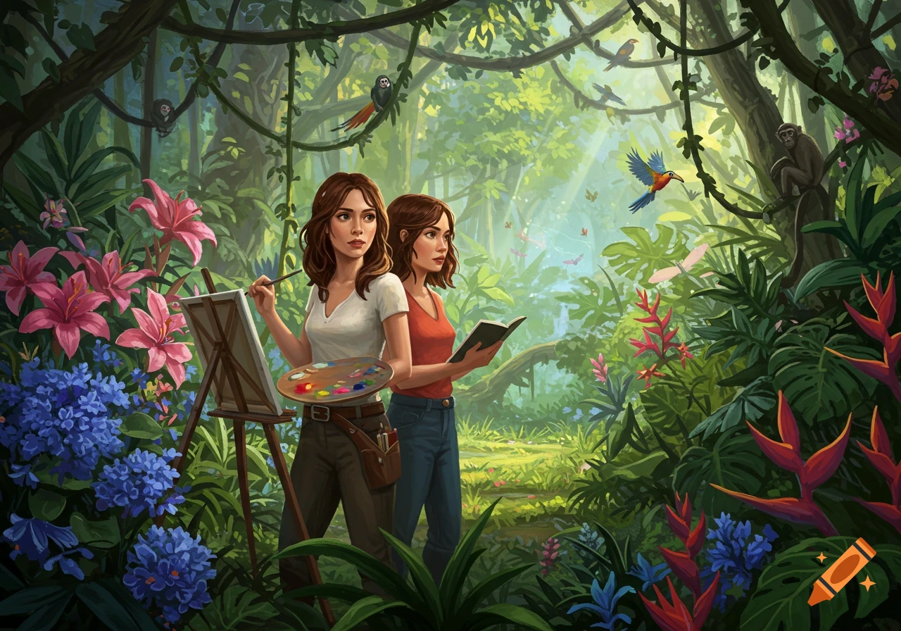 An illustration of two women, one painting and one reading, in a lush jungle with vibrant flowers, birds, and monkeys.