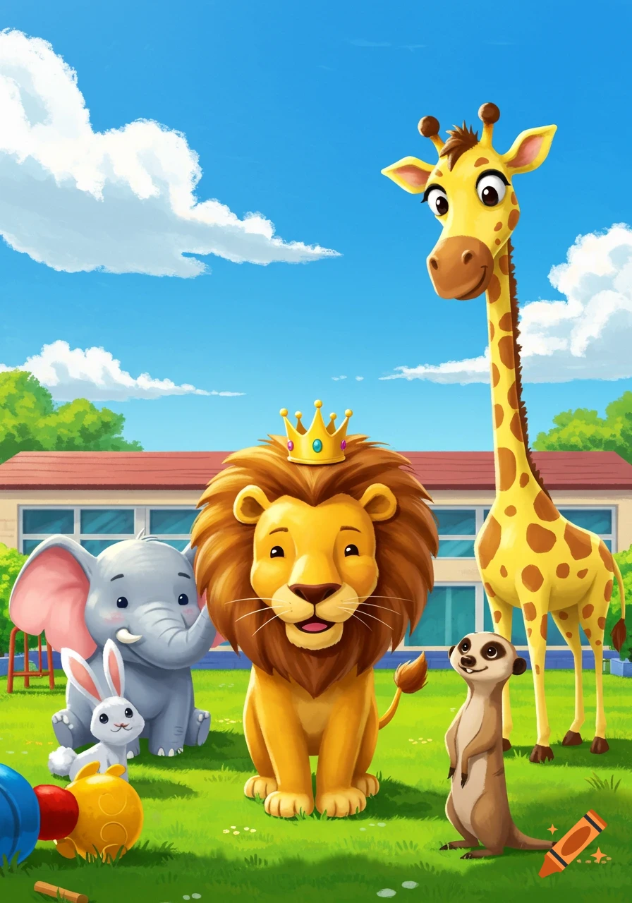 Cartoon animals, including a crowned lion, elephant, rabbit, meerkat, and giraffe, gather in a colorful school playground on a sunny day.