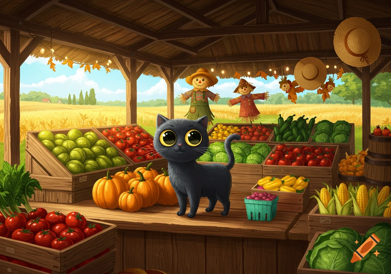 A cartoon black cat with large yellow eyes stands on a wooden counter at a farm stand filled with various produce and pumpkins, with scarecrows and a field in the background.