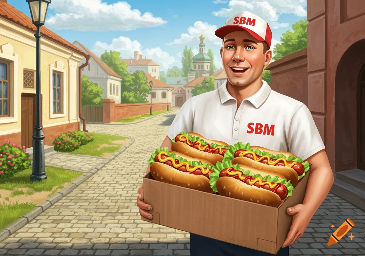An illustrated delivery man in a white polo and red SBM cap smiles while holding a box full of hotdogs on a cobblestone street.
