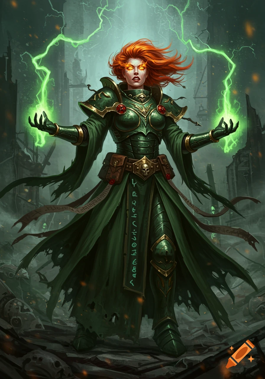 A grimdark Warhammer 40,000 female Psyker with red hair and glowing orange eyes, wearing green robes and armor, casting green lightning in a ruined setting.