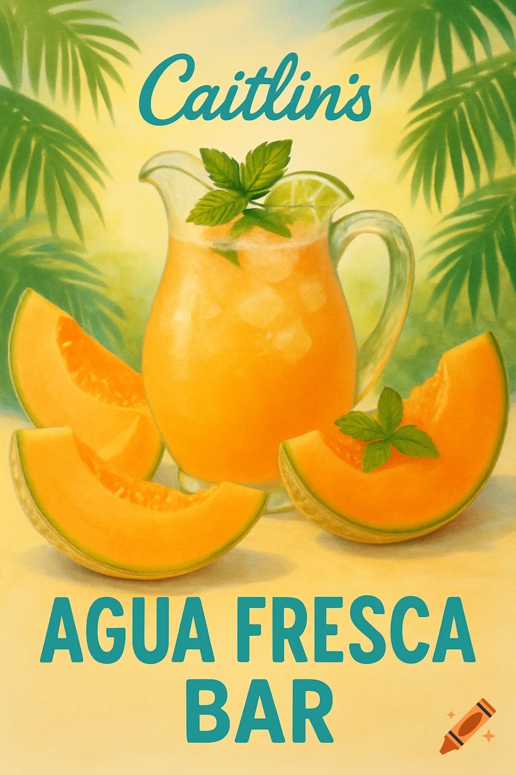 Illustration of a pitcher of agua fresca with cantaloupe, mint, and lime, surrounded by tropical leaves. Text: 'Caitlin's Agua Fresca Bar'.