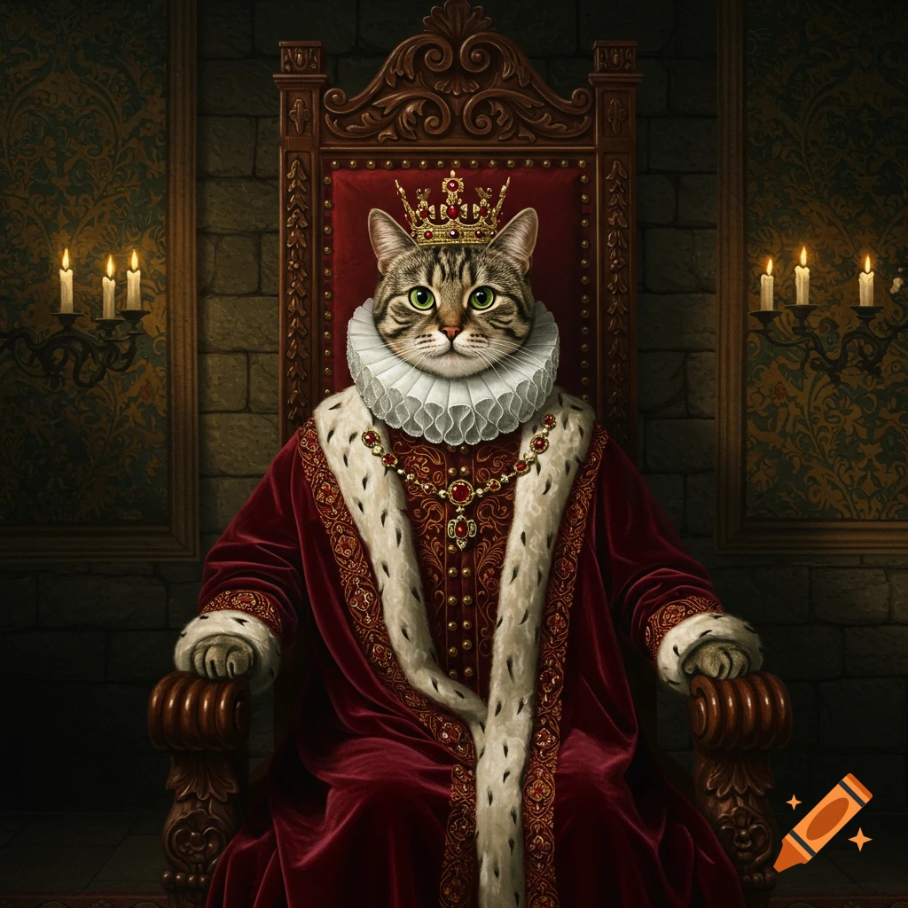 A regal tabby cat in a red velvet royal robe, Elizabethan collar, and gold crown sits on an ornate throne.