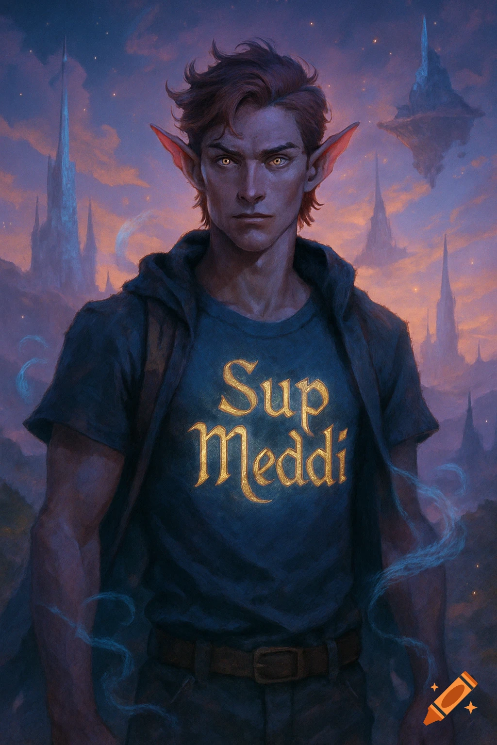 A male elf-like character with glowing eyes and a "Sup Meddi" t-shirt in a fantasy landscape with spires and floating island.