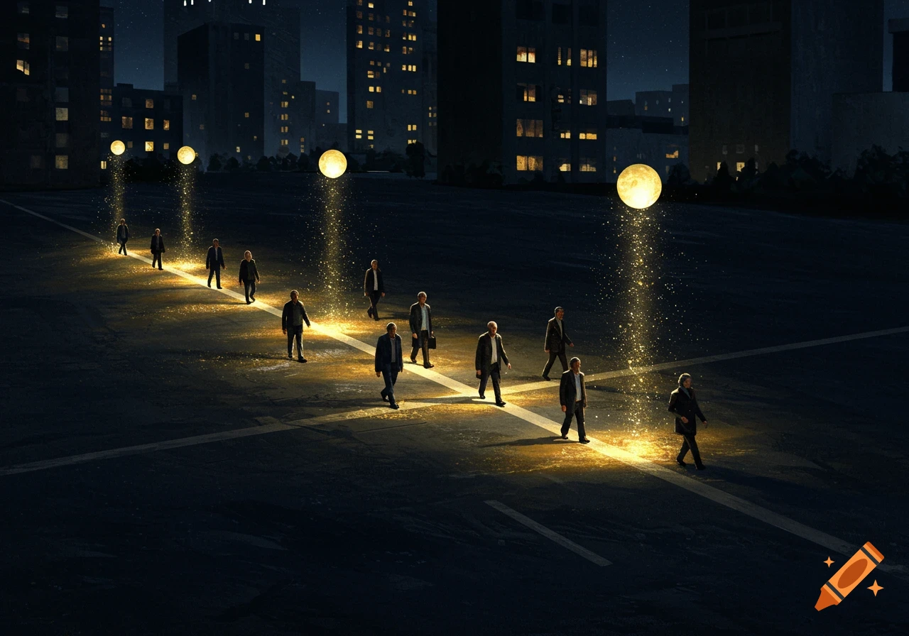 A group of people walk on a dimly lit street at night, illuminated by golden beams from glowing orbs overhead, against a backdrop of dark city buildings.