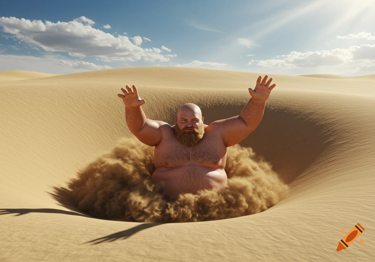 A large bald, bearded man with his arms raised, emerging from a hole in sand dunes with sand actively shifting around him.