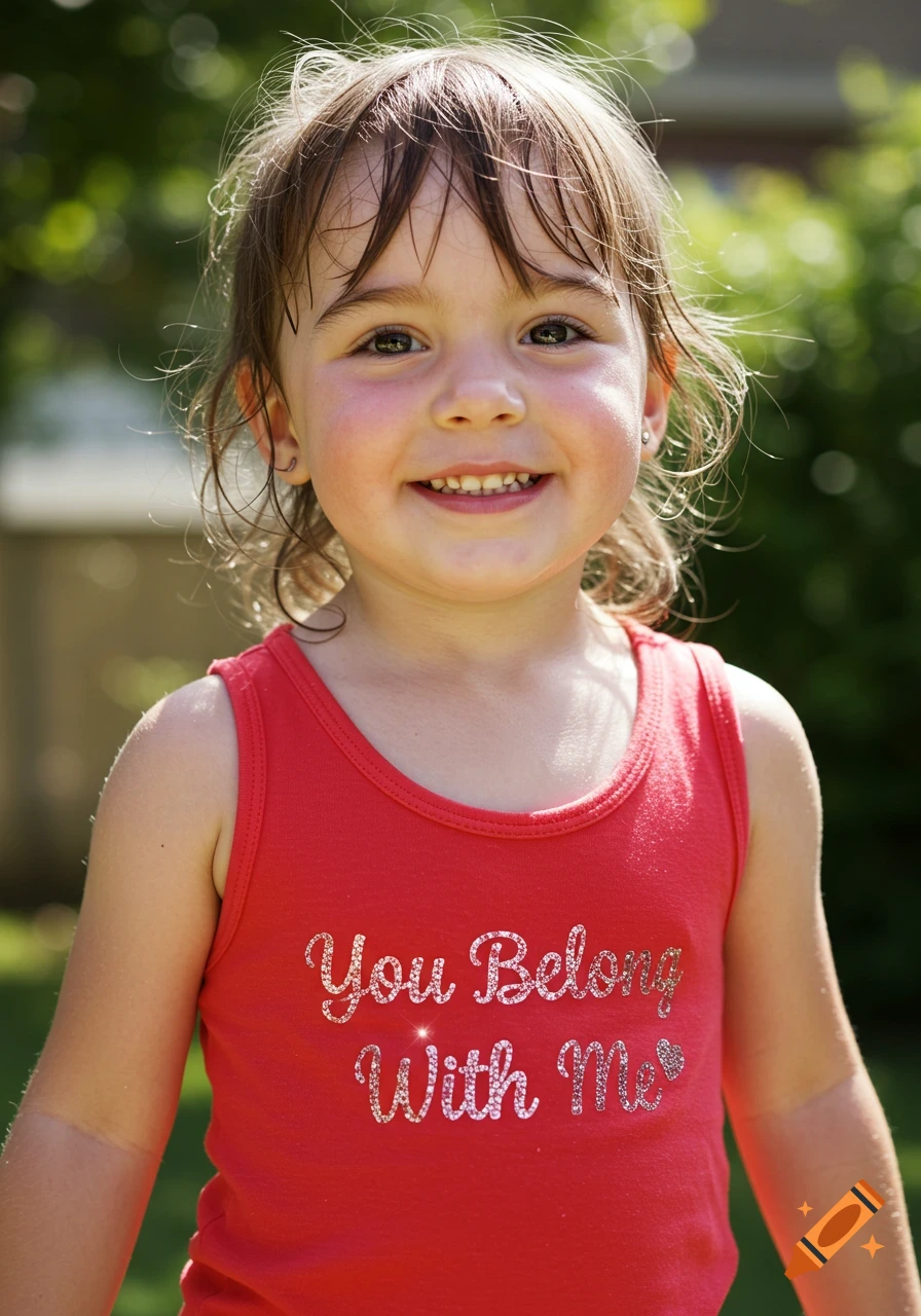 A smiling young girl in a red tank top with "You Belong With Me" printed on it, standing outdoors.