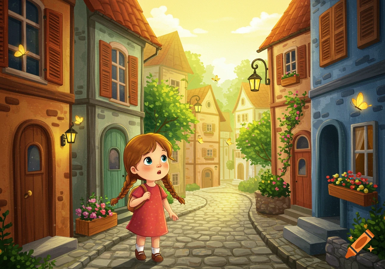 A curious little girl with braided hair looks up in a cheerful, cartoon-style village street with colorful houses and butterflies.
