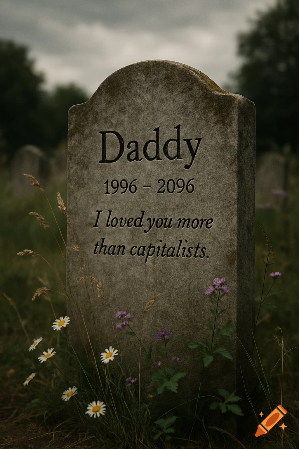 A photorealistic image of a weathered tombstone in a grassy graveyard, inscribed with 'Daddy 1996 - 2096 I loved you more than capitalists'. Wildflowers and grass grow around its base, under a cloudy sky.