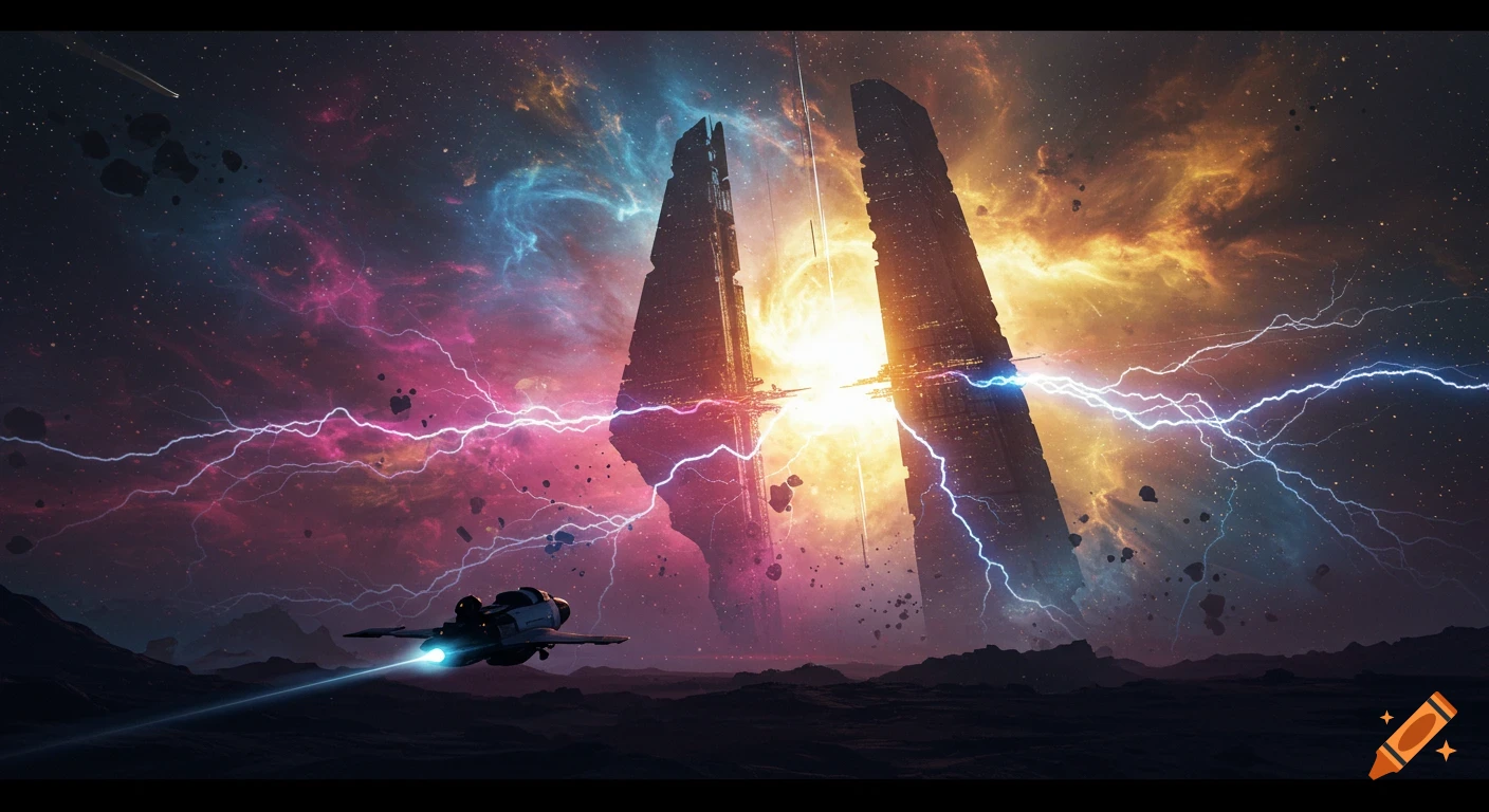 A spaceship approaches massive alien structures against a vibrant cosmic nebula with electric lightning.