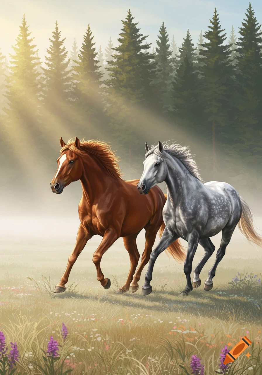 Two horses, one brown and one grey, run through a misty field with wildflowers and tall pine trees under a glowing sunrise.