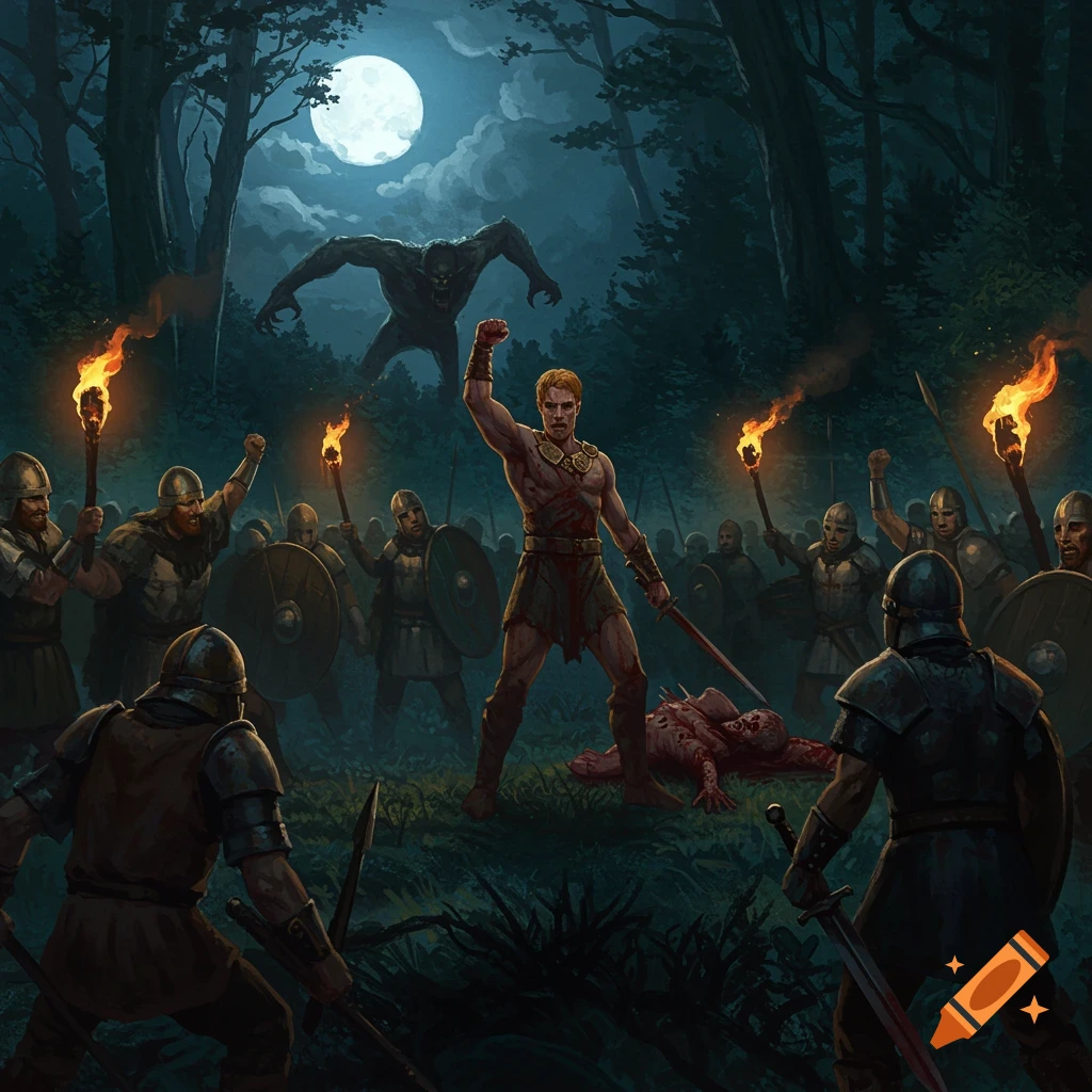 Beowulf, bloodied, stands victorious over a fallen monster as warriors cheer in a dark, moonlit forest, another monster in the background.