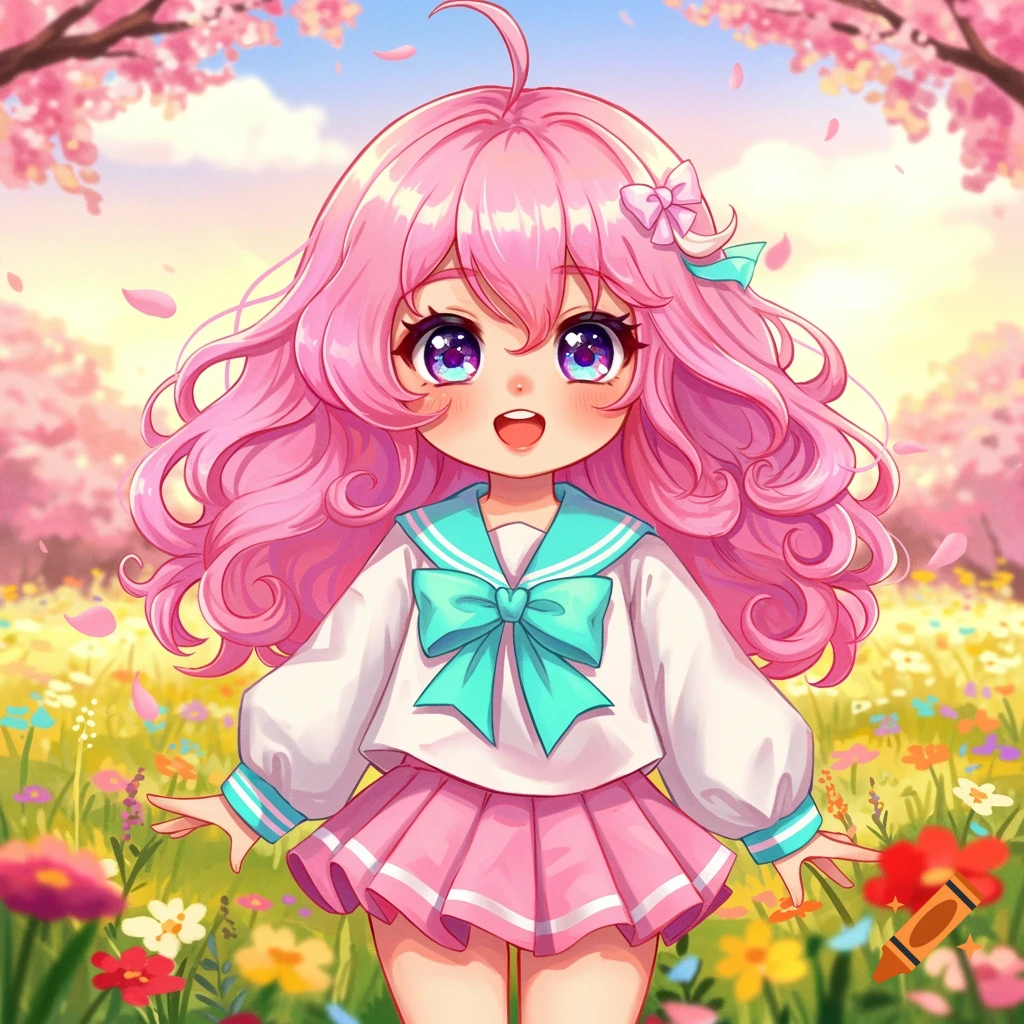 A cheerful anime girl with long pink curly hair and purple eyes, wearing a sailor uniform, stands in a vibrant flower field under cherry blossom trees.