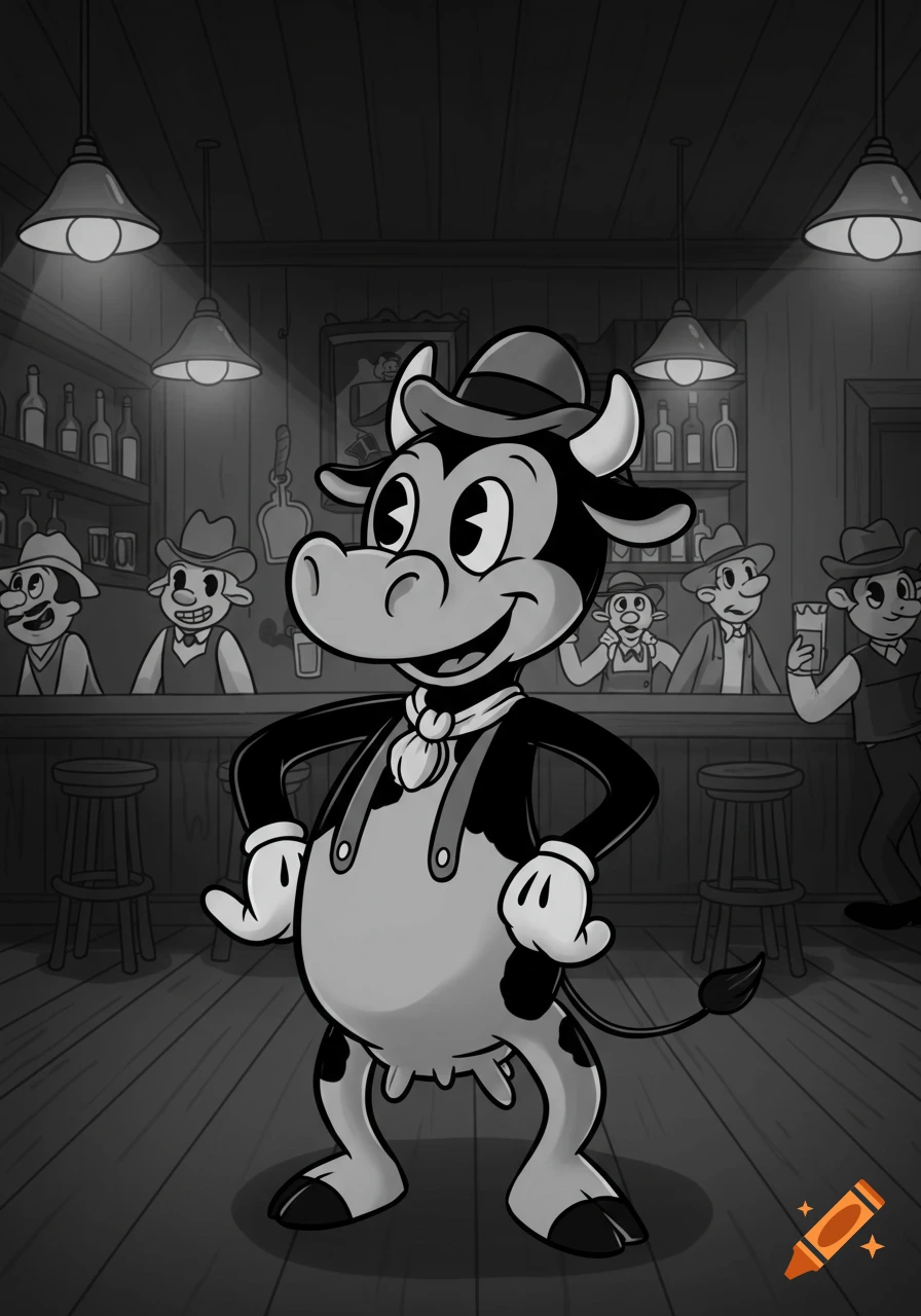 A black and white 1930s cartoon cow wearing a hat and overalls stands confidently in a dimly lit saloon.