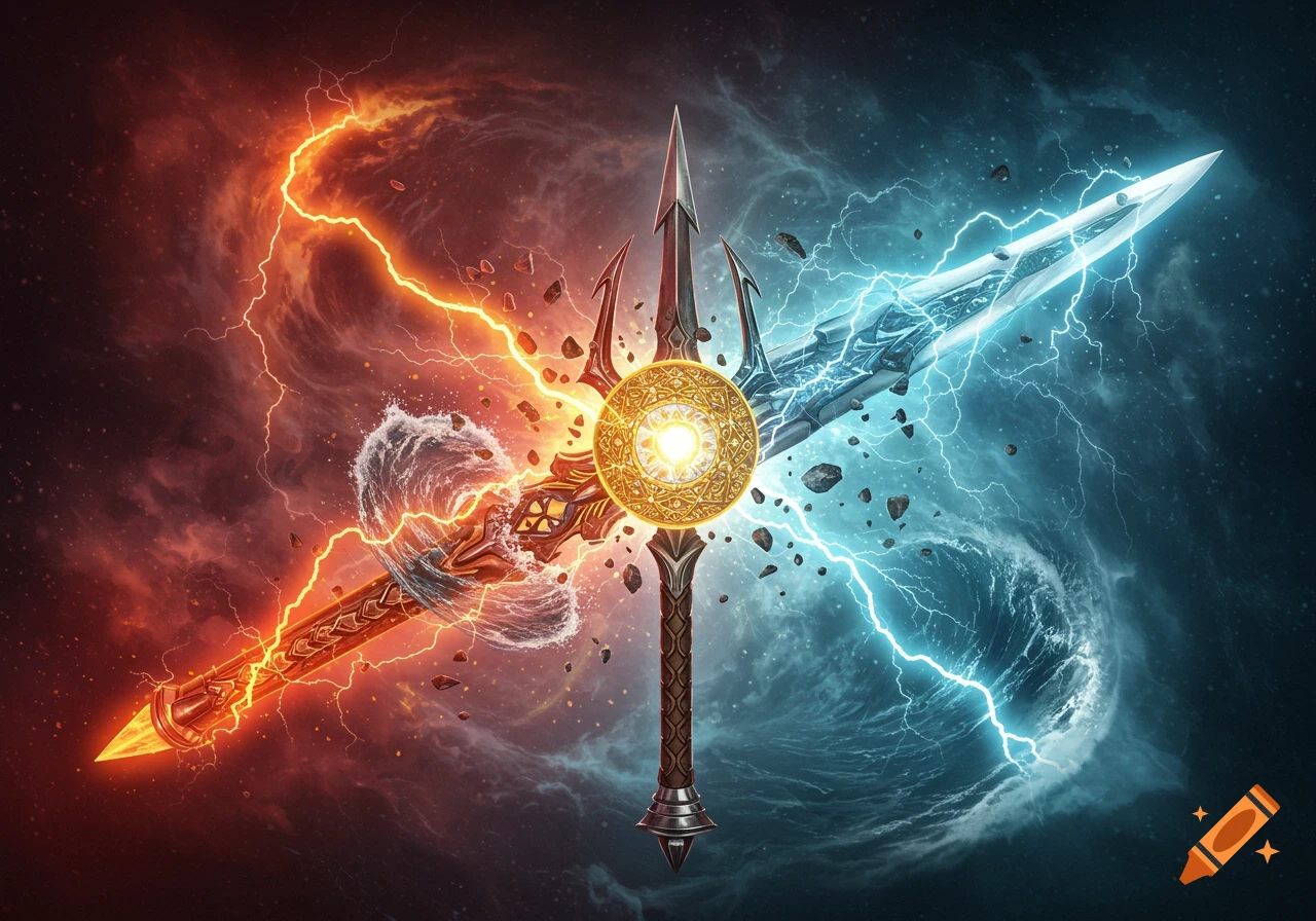 A mystical sword-trident hybrid glowing gold, split down the middle by opposing red and blue lightning, waves, and floating debris.