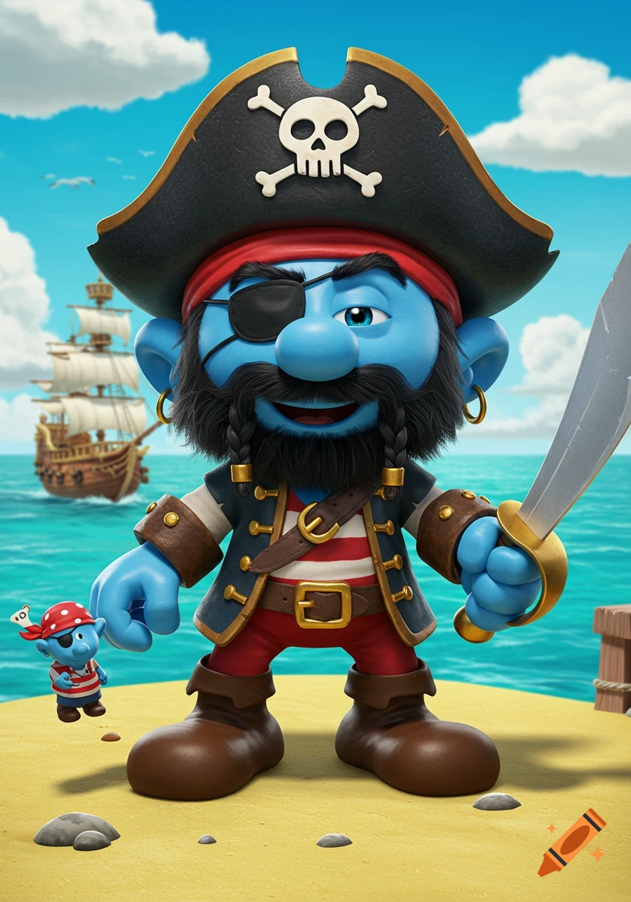 A smiling blue Smurf pirate with a black beard, eye patch, and pirate hat holds a cutlass, standing on a sandy beach. A small Smurf figure is in the background, with a pirate ship on the sea under a blue sky.
