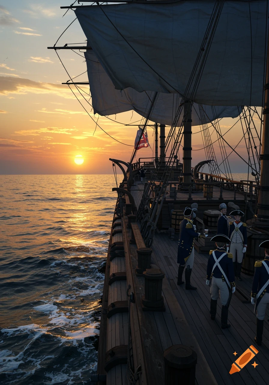 Photorealistic image of a historical navy sailing ship at sunset with uniformed officers on deck, cruising on the ocean.