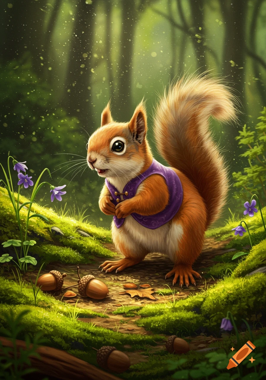 A whimsical illustration of a cute squirrel wearing a purple vest, standing on a mossy forest path surrounded by acorns and purple flowers.
