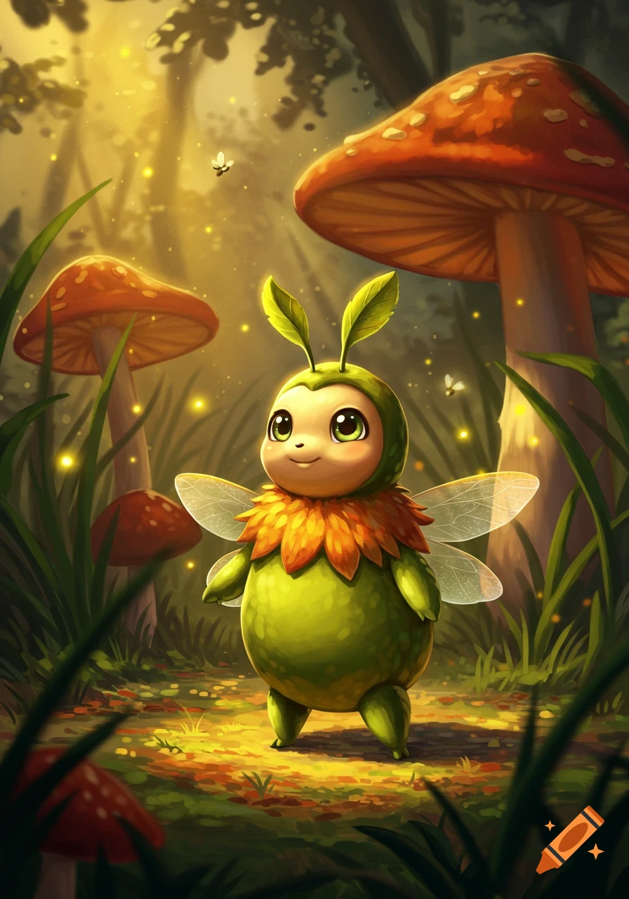 A cute, round green fantasy creature with leaf ears and fairy wings stands in a magical forest with glowing mushrooms and fireflies.