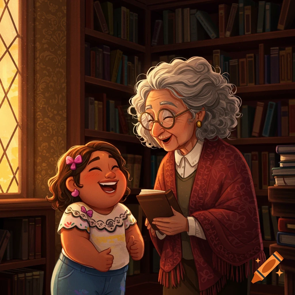 A smiling girl and an elderly woman with curly hair read a book together in a warm, illustrated library setting.