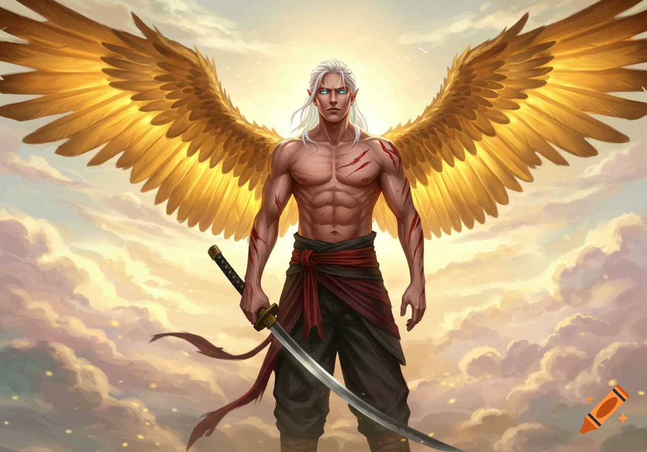 Muscular man with white hair, elf ears, and golden wings, scarred torso, holding a katana against a bright, cloudy sky.