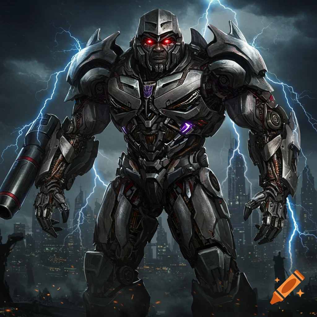 A dark, detailed image of a robotic Megatron featuring a human face, standing in a destroyed city under a lightning storm.