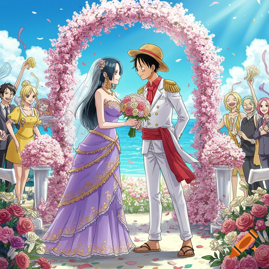 Anime characters Hancock and Luffy exchange vows at a beach wedding under a pink cherry blossom arch.