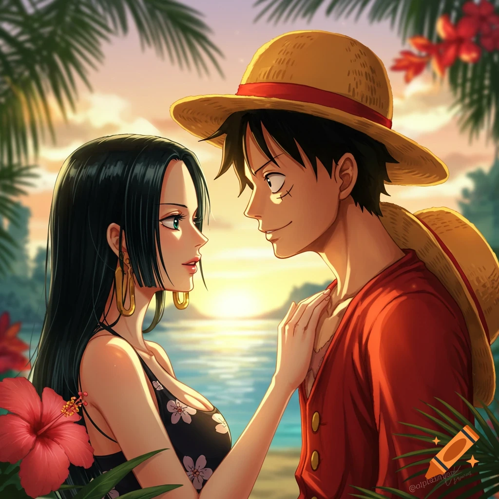 Anime style illustration of Luffy and Hancock sharing a romantic moment on a tropical beach at sunset.