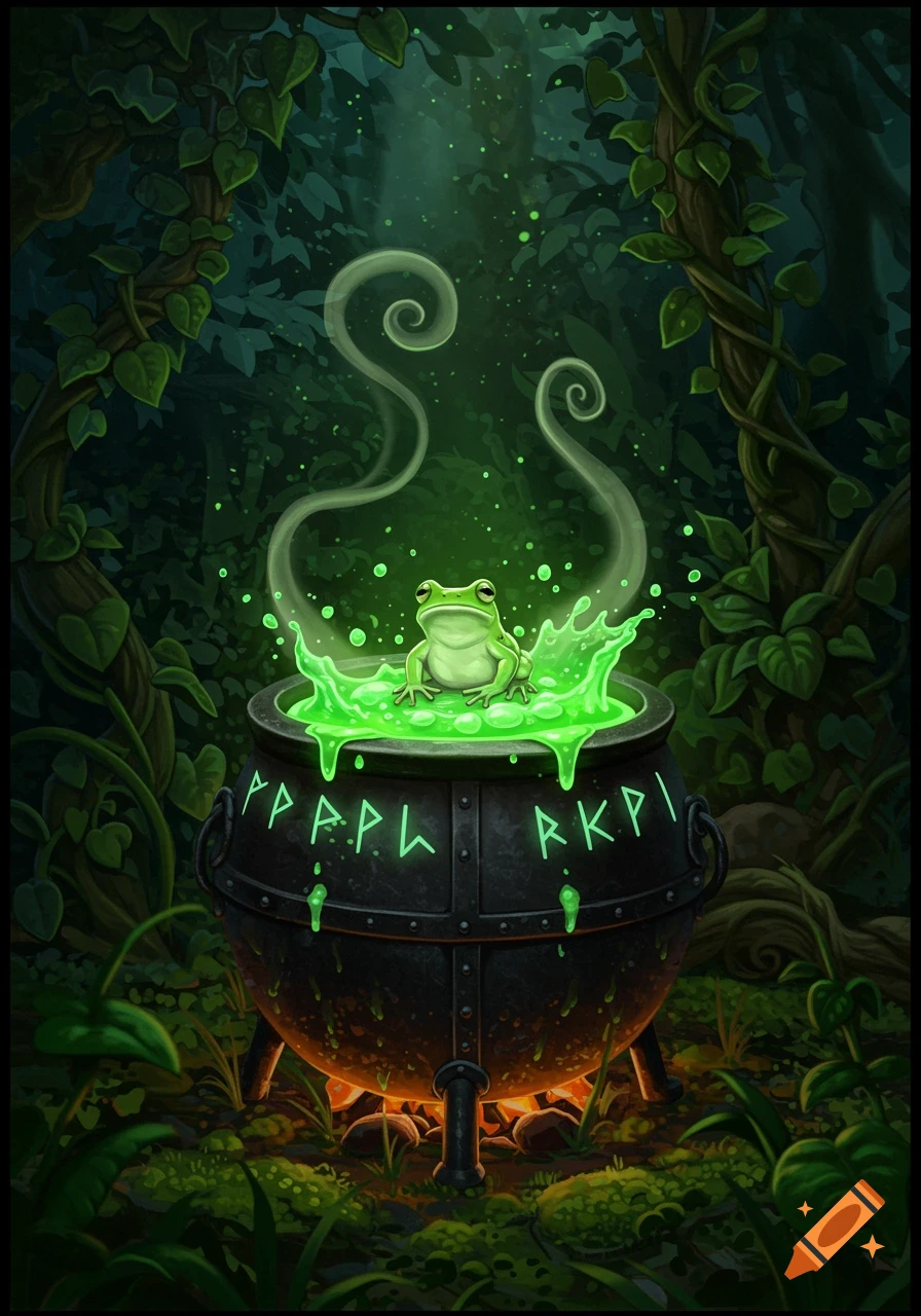 A green frog sits in a bubbling, glowing green potion within a black cauldron, set in a dark, magical forest. Glowing runic symbols adorn the cauldron.