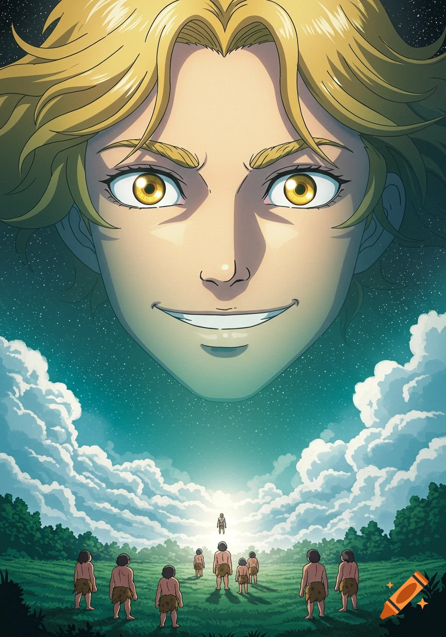 Giant smiling anime face of a blond man in space looks down at primitive humans in a grassy clearing under a starry, cloudy sky.