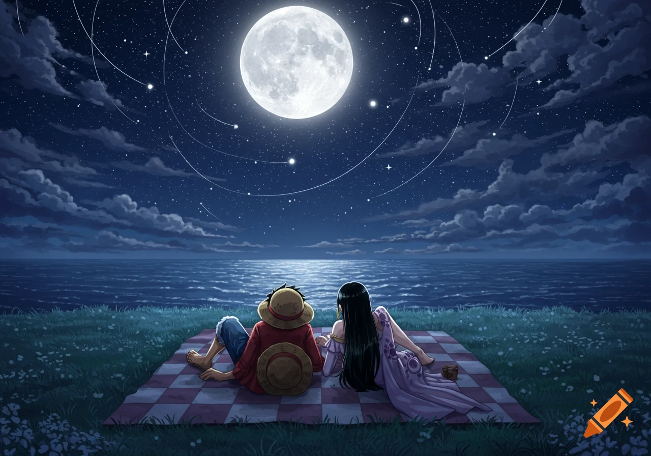 Anime characters Luffy and Hancock sit on a checkered blanket, backs to viewer, gazing at a large full moon over the ocean at night.