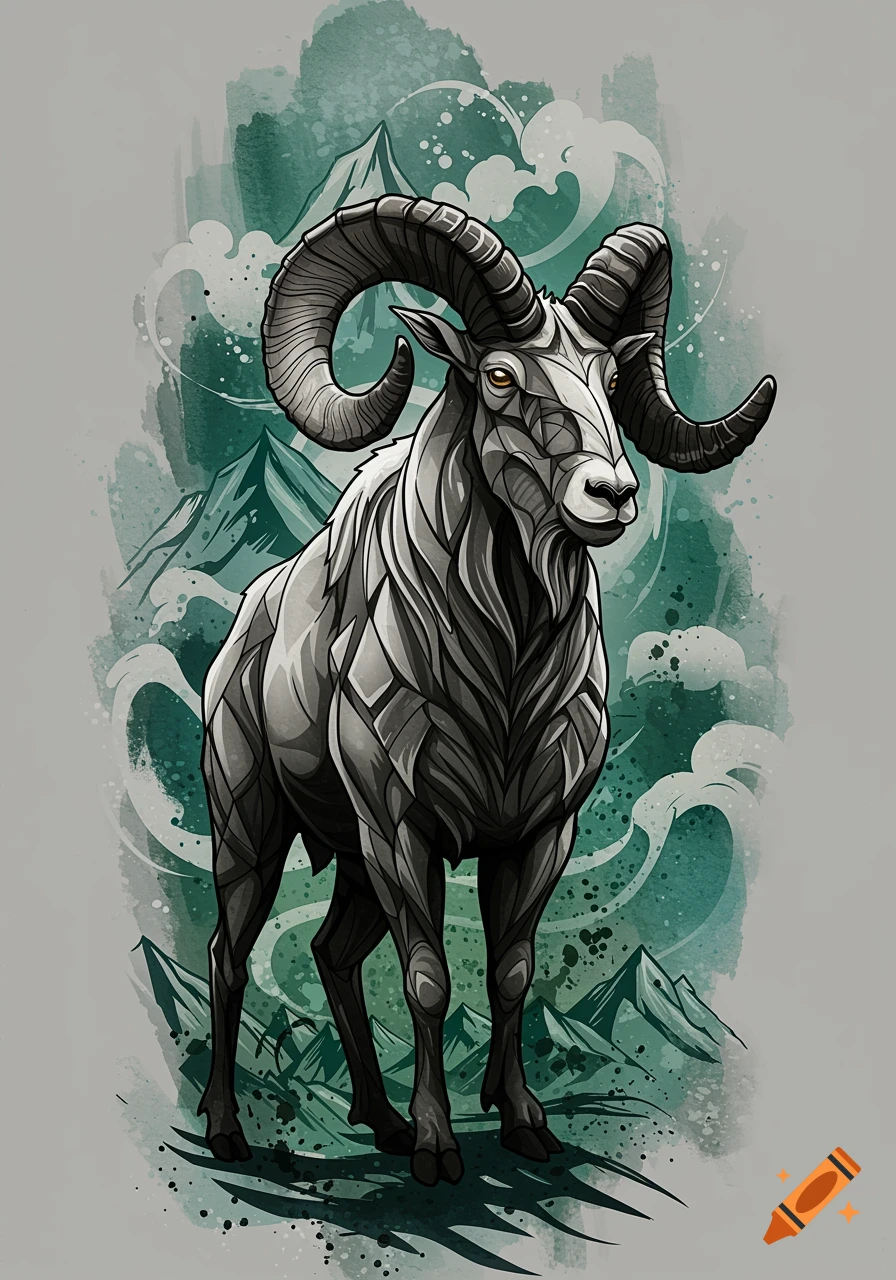 An abstract, stylized illustration of a bighorn sheep or mountain goat, grey and white, against a teal and green mountain landscape.